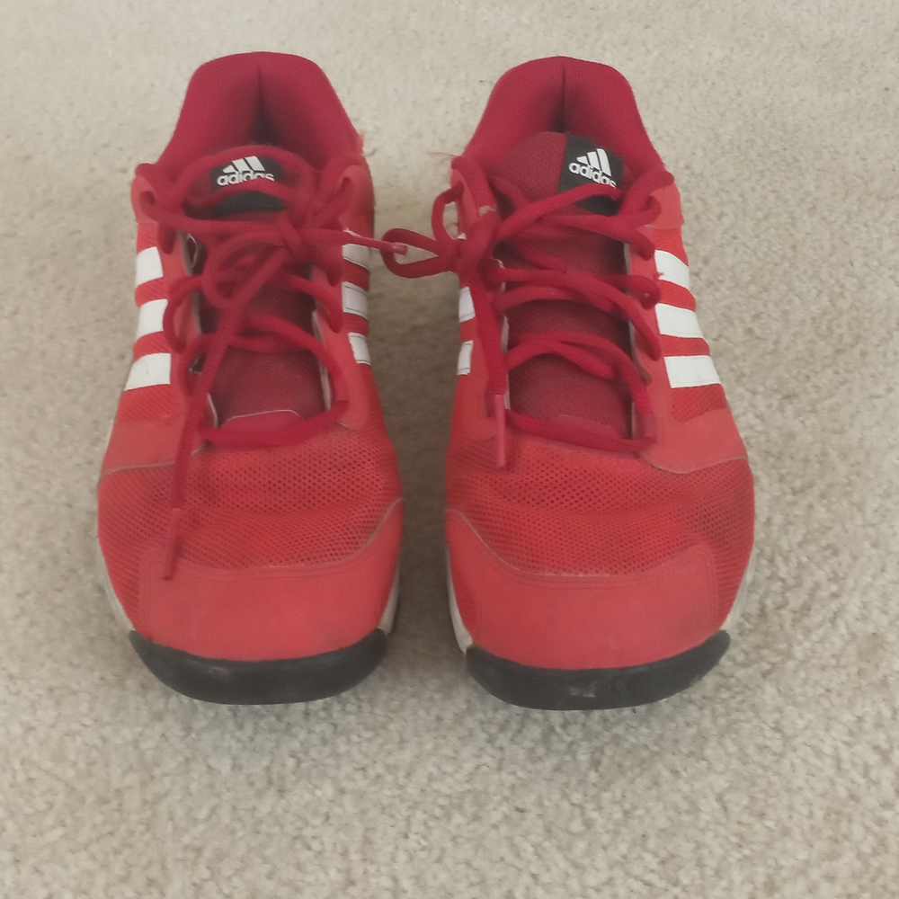 Adidas size 9  ( Men) colors are red, and white with black accent.